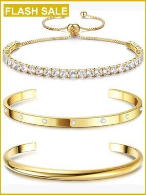 Adjustable 14K Gold Plated Bracelet Set with Cubic Zirconia, 3 Piece Stack